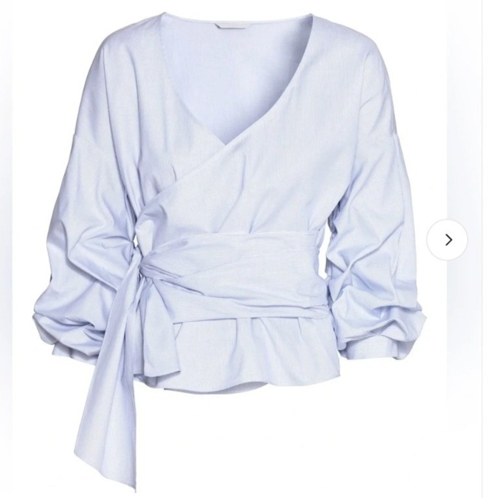 H&M Women's Size 4 Wrap Top Long Balloon Scrunched Sleeves Blue White Pinstripes